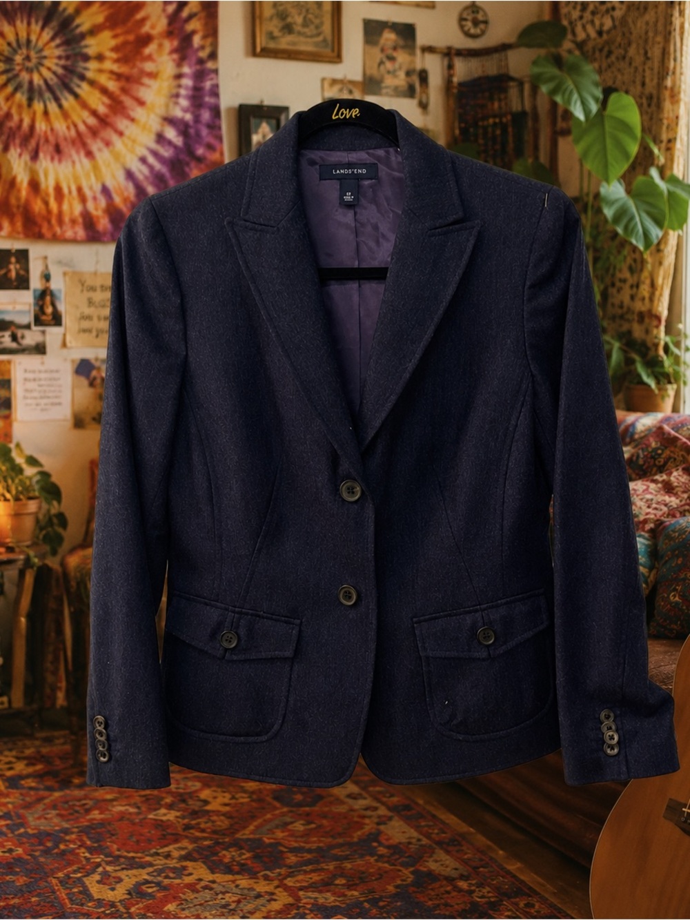 Lands’ End Navy Blue Wool Blend Blazer Size 4P Purple Lining Chic Boho Eclectic